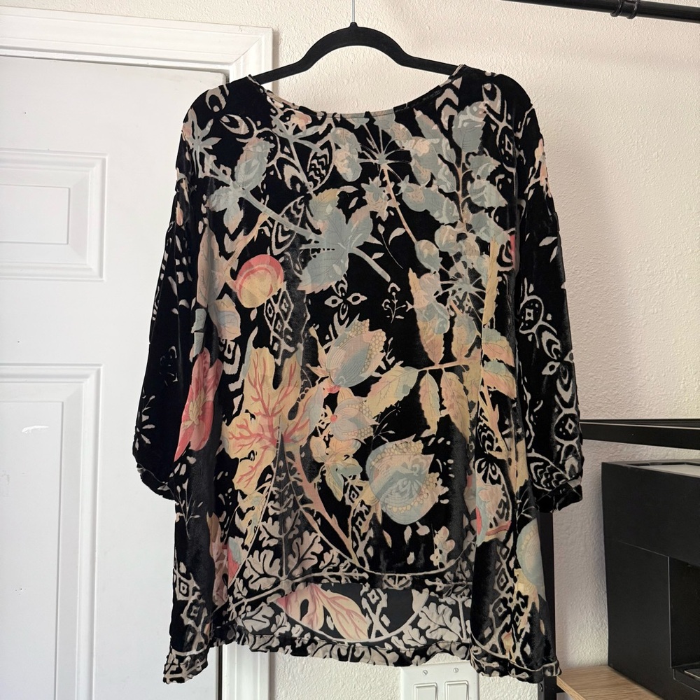 CITRON black floral sheer burnout velvet rayon silk boxy boat neck‎ blouse shirt